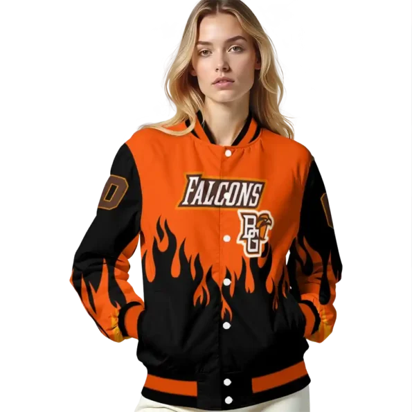 customized bowling green falcons flame border orange black varsity jacket latest model.webp