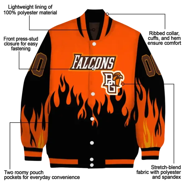 customized bowling green falcons flame border orange black varsity jacket new arrival.webp