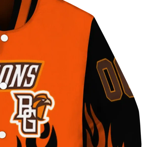 customized bowling green falcons flame border orange black varsity jacket premium grade.webp