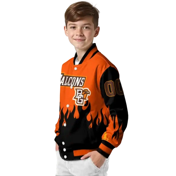 customized bowling green falcons flame border orange black varsity jacket trendy.webp