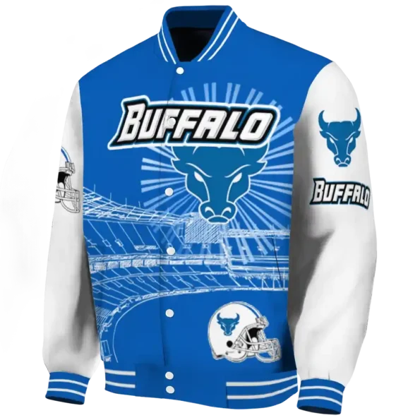 customized buffalo bulls ferris arena royal blue white varsity jacket best selling