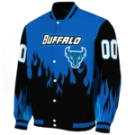 customized buffalo bulls flame border royal blue black varsity jacket best selling.webp