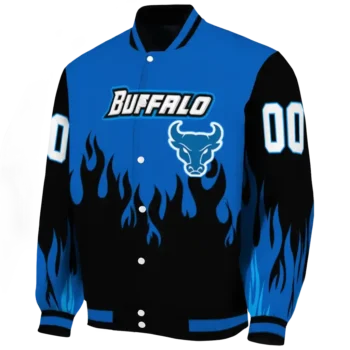 customized buffalo bulls flame border royal blue black varsity jacket best selling.webp
