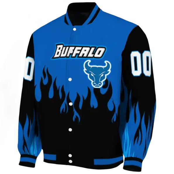 customized buffalo bulls flame border royal blue black varsity jacket best selling.webp