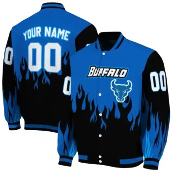 customized buffalo bulls flame border royal blue black varsity jacket fashion forward.webp