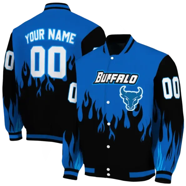 customized buffalo bulls flame border royal blue black varsity jacket fashion forward.webp