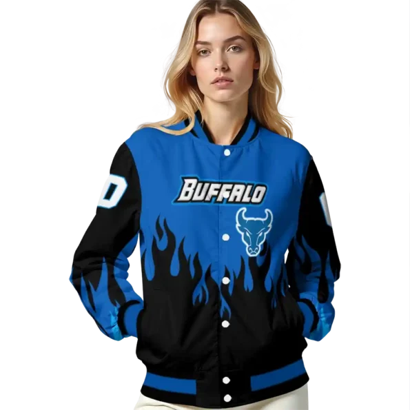 customized buffalo bulls flame border royal blue black varsity jacket latest model.webp