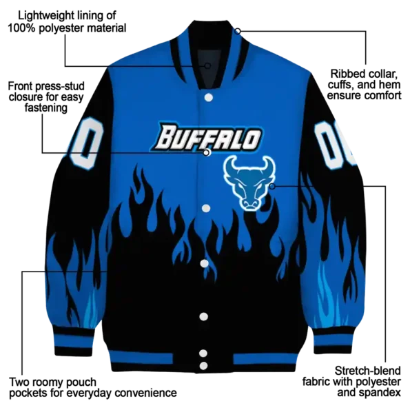 customized buffalo bulls flame border royal blue black varsity jacket new arrival.webp