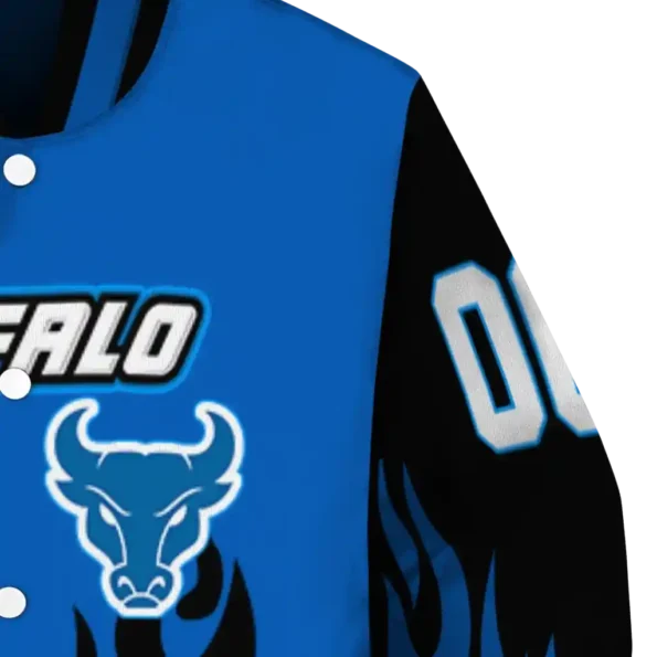 customized buffalo bulls flame border royal blue black varsity jacket premium grade.webp