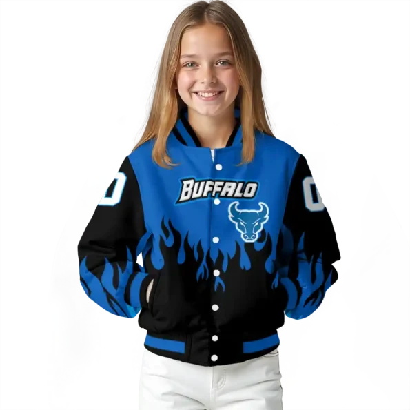 customized buffalo bulls flame border royal blue black varsity jacket top rated.webp