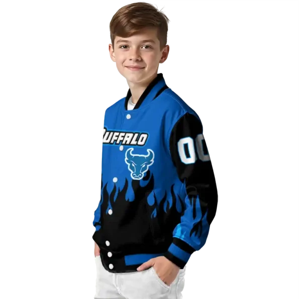 customized buffalo bulls flame border royal blue black varsity jacket trendy.webp