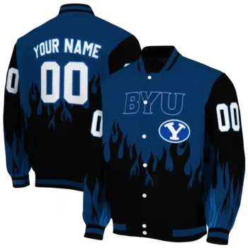 customized byu cougars flame border blue black varsity jacket fashion forward.webp
