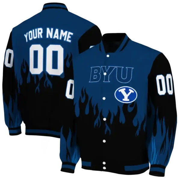 customized byu cougars flame border blue black varsity jacket fashion forward.webp