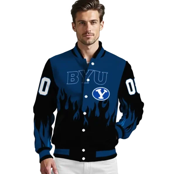 customized byu cougars flame border blue black varsity jacket high quality.webp