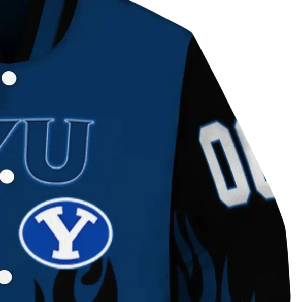 customized byu cougars flame border blue black varsity jacket premium grade.webp