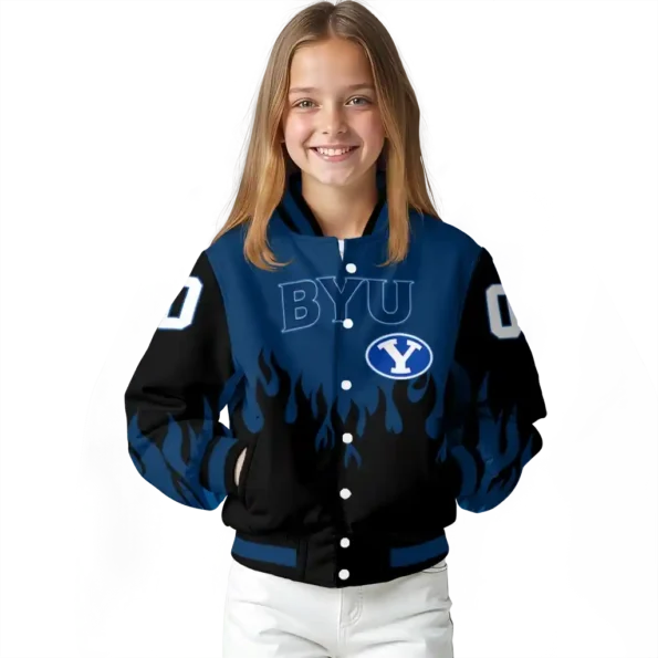 customized byu cougars flame border blue black varsity jacket top rated.webp