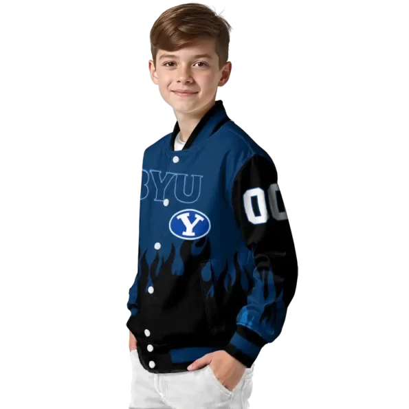 customized byu cougars flame border blue black varsity jacket trendy.webp