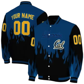 customized california golden bears flame border blue black varsity jacket fashion forward.webp