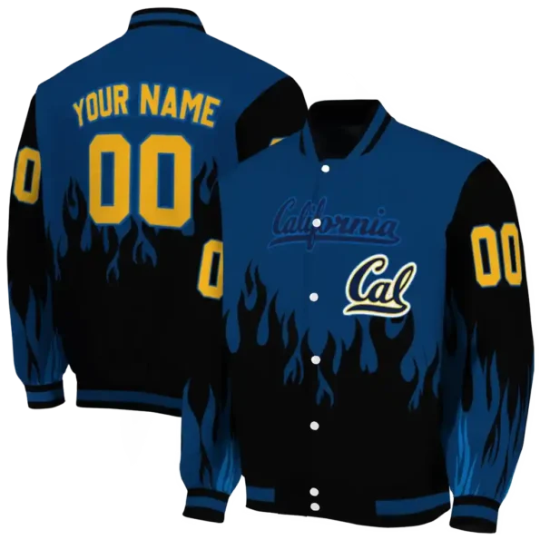 customized california golden bears flame border blue black varsity jacket fashion forward.webp