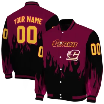 customized central michigan chippewas flame border maroon black varsity jacket fashion forward.webp