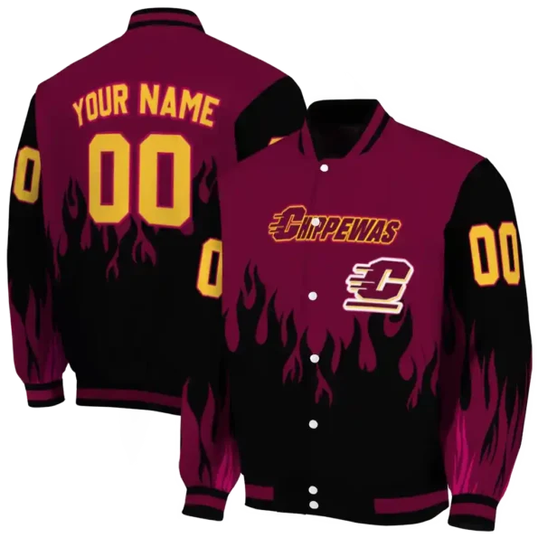 customized central michigan chippewas flame border maroon black varsity jacket fashion forward.webp