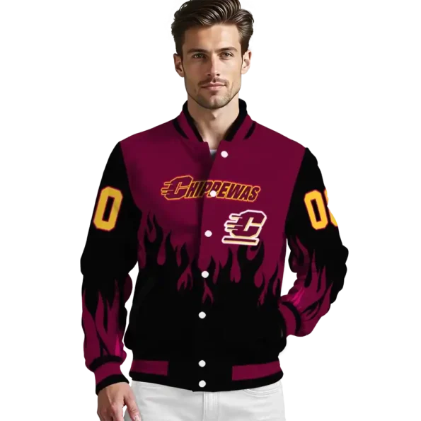 customized central michigan chippewas flame border maroon black varsity jacket high quality.webp