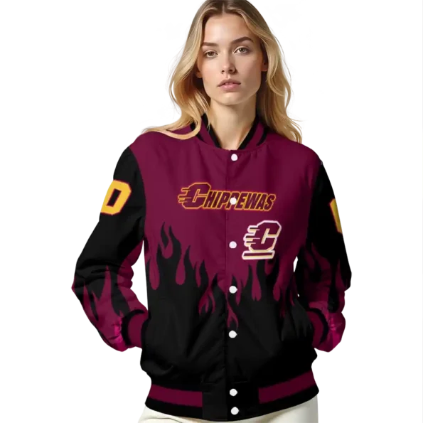 customized central michigan chippewas flame border maroon black varsity jacket latest model.webp