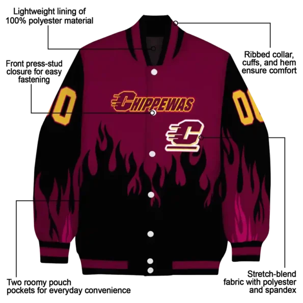 customized central michigan chippewas flame border maroon black varsity jacket new arrival.webp