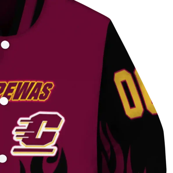 customized central michigan chippewas flame border maroon black varsity jacket premium grade.webp
