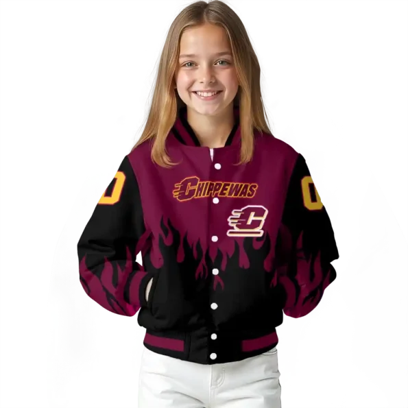 customized central michigan chippewas flame border maroon black varsity jacket top rated.webp
