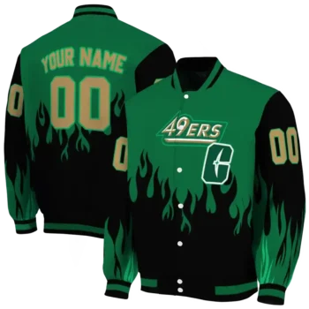 customized charlotte 49ers flame border green black varsity jacket fashion forward.webp