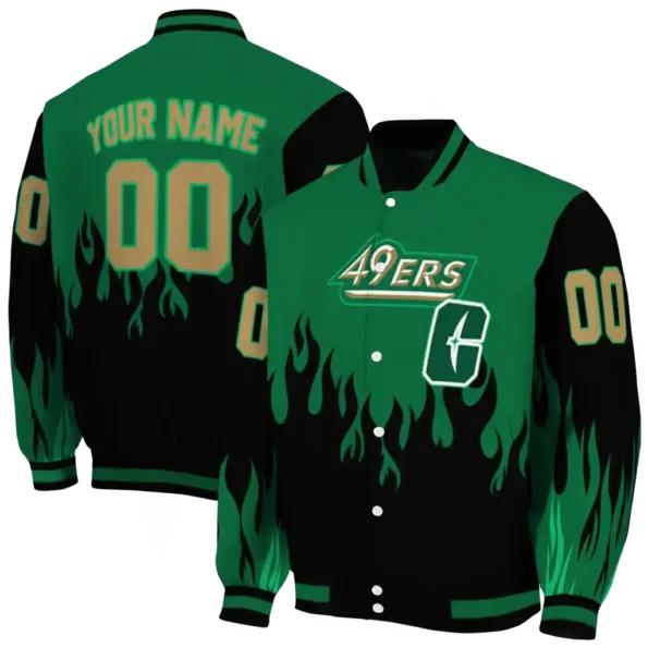 customized charlotte 49ers flame border green black varsity jacket fashion forward.webp
