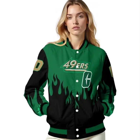 customized charlotte 49ers flame border green black varsity jacket latest model.webp