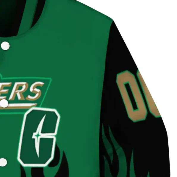 customized charlotte 49ers flame border green black varsity jacket premium grade.webp
