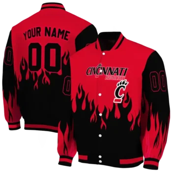 customized cincinnati bearcats flame border red black varsity jacket fashion forward.webp