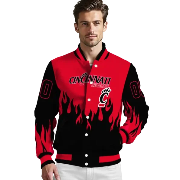 customized cincinnati bearcats flame border red black varsity jacket high quality.webp