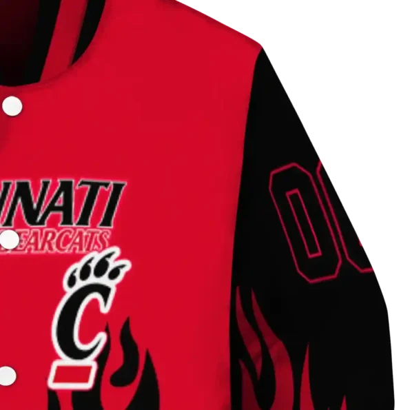 customized cincinnati bearcats flame border red black varsity jacket premium grade.webp