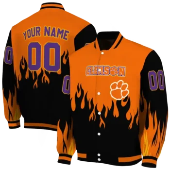 customized clemson tigers flame border orange black varsity jacket fashion forward.webp