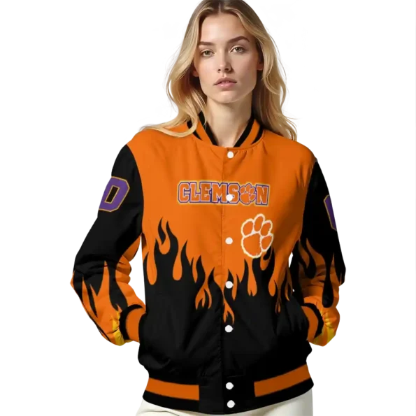 customized clemson tigers flame border orange black varsity jacket latest model.webp