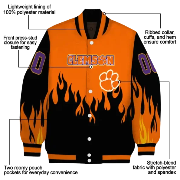 customized clemson tigers flame border orange black varsity jacket new arrival.webp