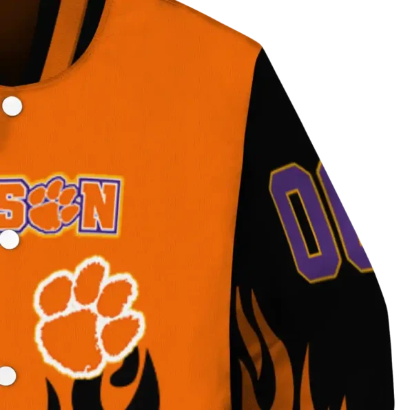 customized clemson tigers flame border orange black varsity jacket premium grade.webp