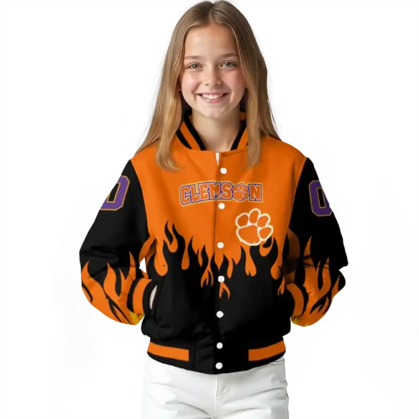 customized clemson tigers flame border orange black varsity jacket top rated.webp