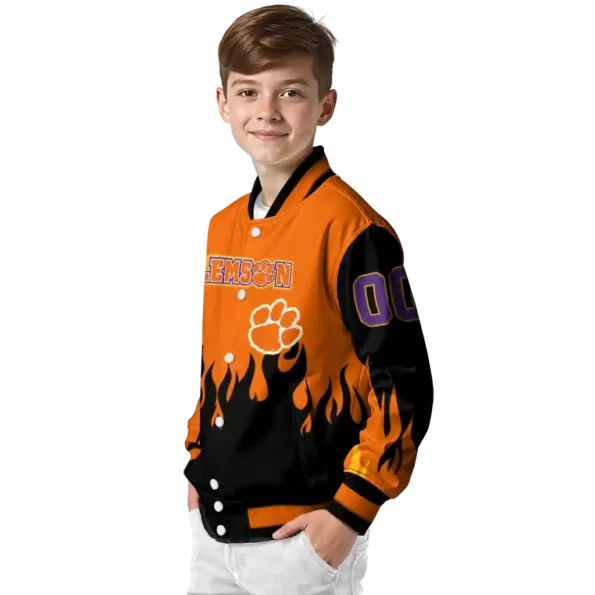 customized clemson tigers flame border orange black varsity jacket trendy.webp