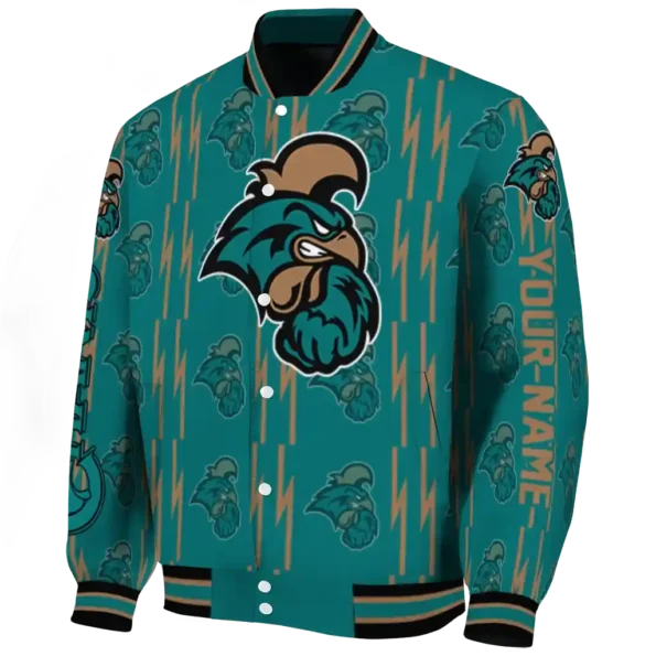customized coastal carolina chanticleers bolt stripe green varsity jacket best selling