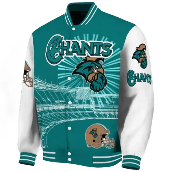 customized coastal carolina chanticleers ferris arena green white varsity jacket best selling