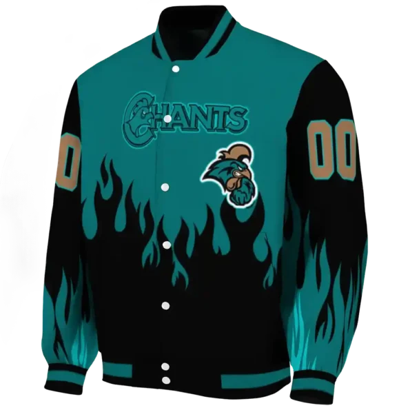 customized coastal carolina chanticleers flame border green black varsity jacket best selling.webp