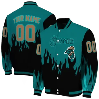 customized coastal carolina chanticleers flame border green black varsity jacket fashion forward.webp