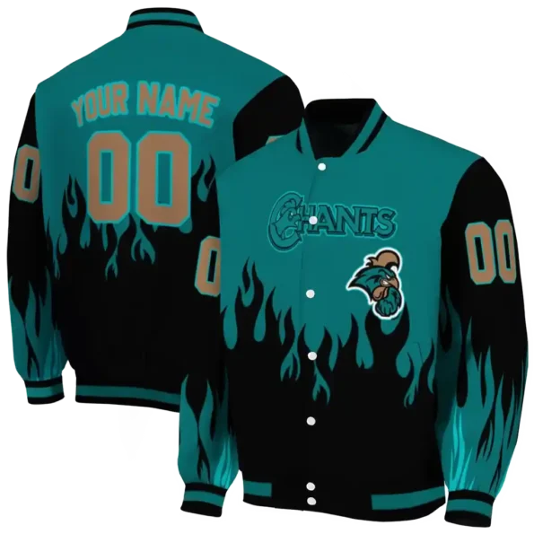 customized coastal carolina chanticleers flame border green black varsity jacket fashion forward.webp