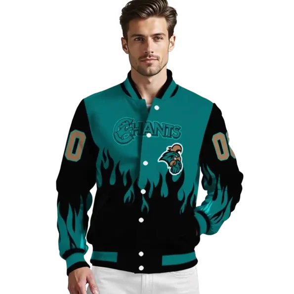 customized coastal carolina chanticleers flame border green black varsity jacket high quality.webp