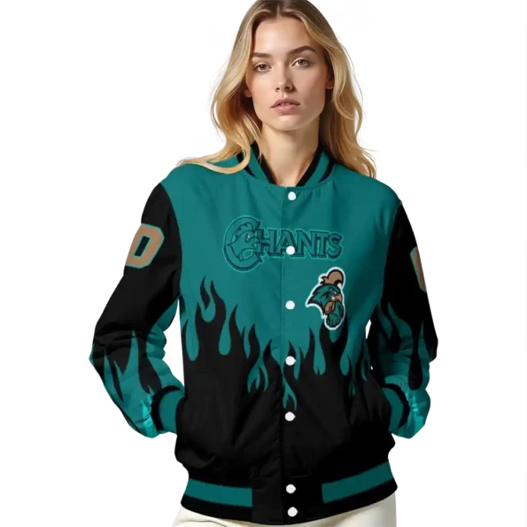 customized coastal carolina chanticleers flame border green black varsity jacket latest model.webp